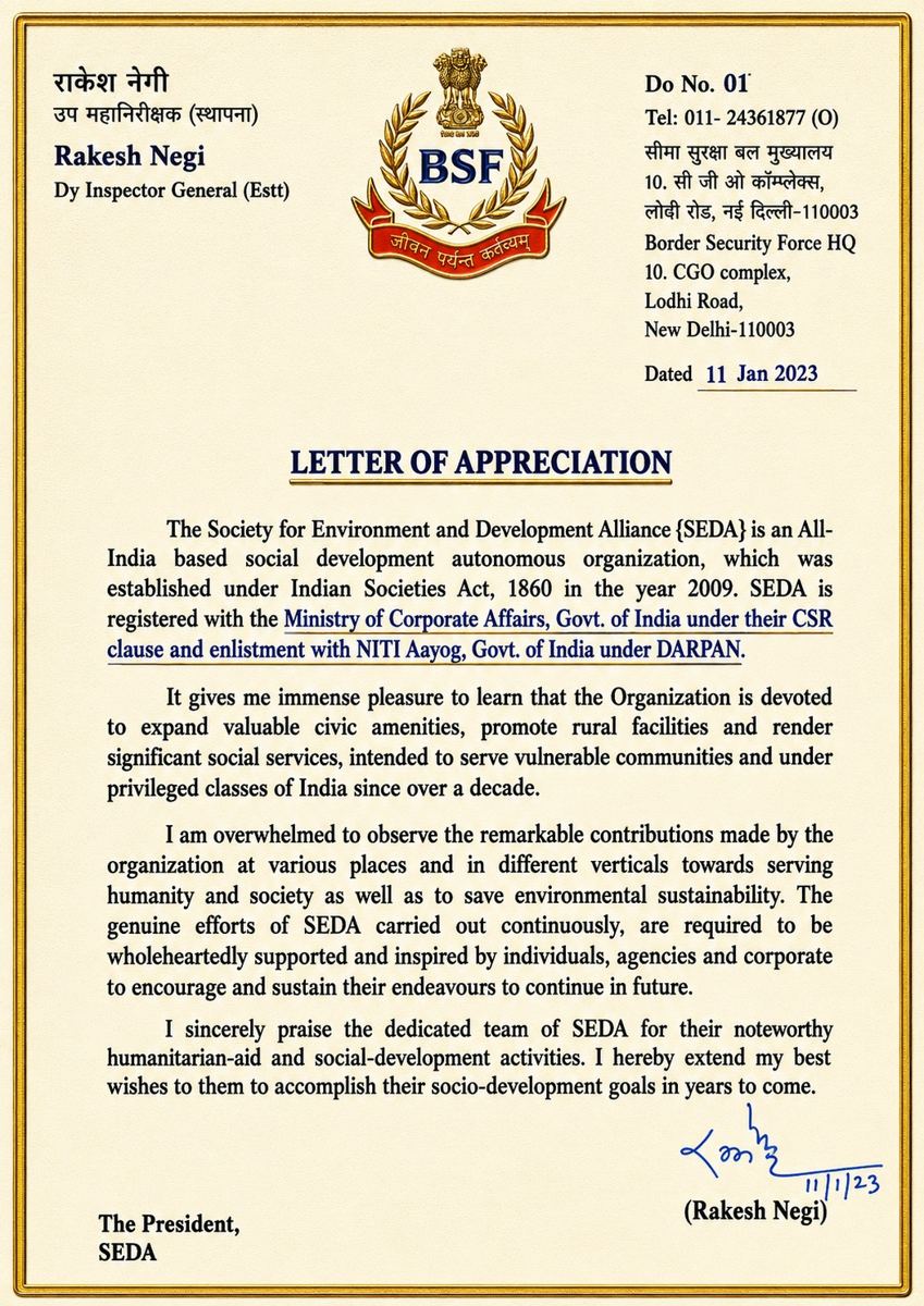 Letter of appreciation from BSF